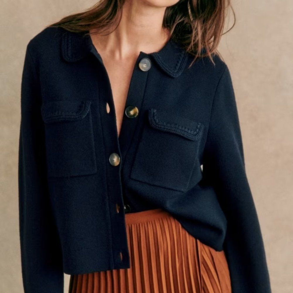 Sezane Merino Wool Betty Cardigan women Sweater, Navy, SMALL